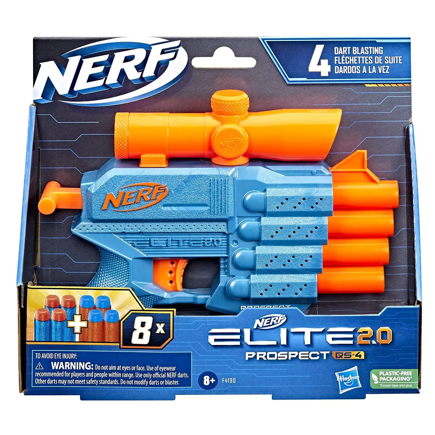 Nerf Elite 2.0 Prospect QS-4 Blaster, 8 Official Nerf Elite Darts, 4-Dart Blasting, Nonremovable Targeting Scope