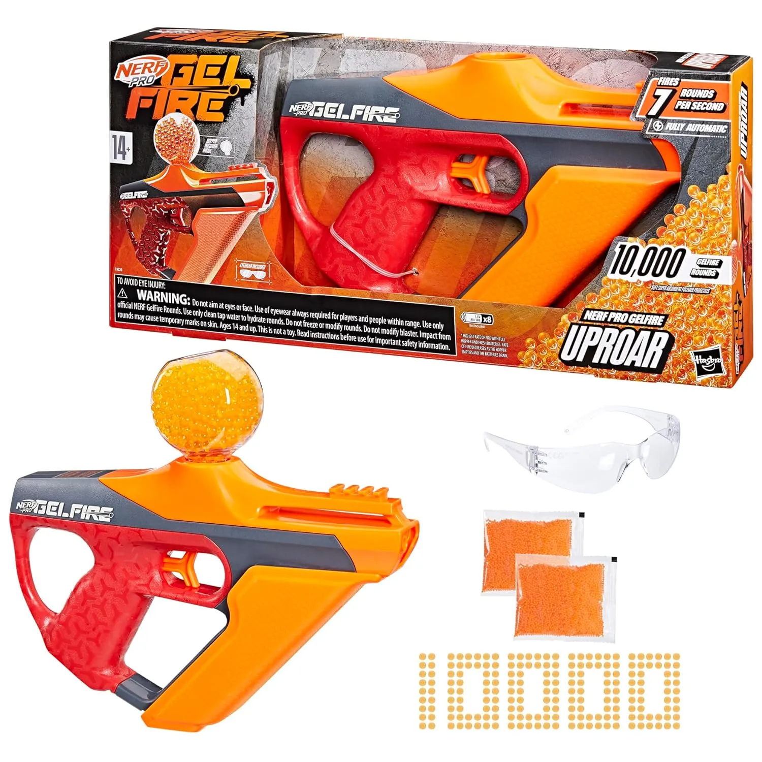 Nerf Pro Gelfire Uproar Full Auto Blaster, 150 FPS, 10,000 Gelfire Rounds, 400 Round Hopper, Eyewear, Ages 14 