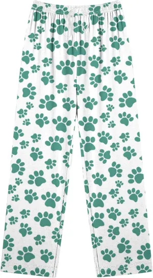 Pajamas Pants for Women's Funny Dog Paw Print High Waist Wide Leg Sweatpant Pj's Trouser with Pockets & Drawstring