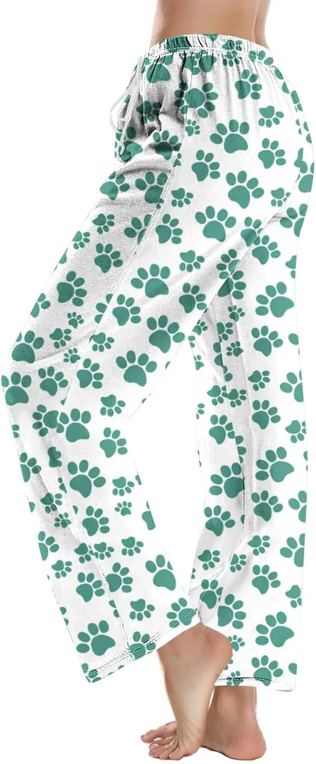 Pajamas Pants for Women's Funny Dog Paw Print High Waist Wide Leg Sweatpant Pj's Trouser with Pockets & Drawstring