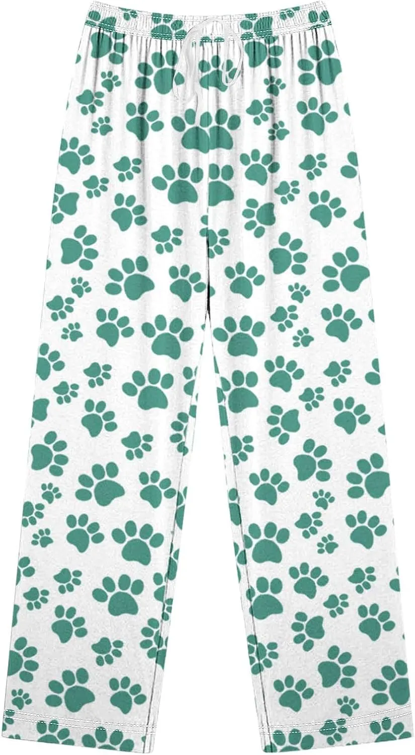 Pajamas Pants for Women's Funny Dog Paw Print High Waist Wide Leg Sweatpant Pj's Trouser with Pockets & Drawstring