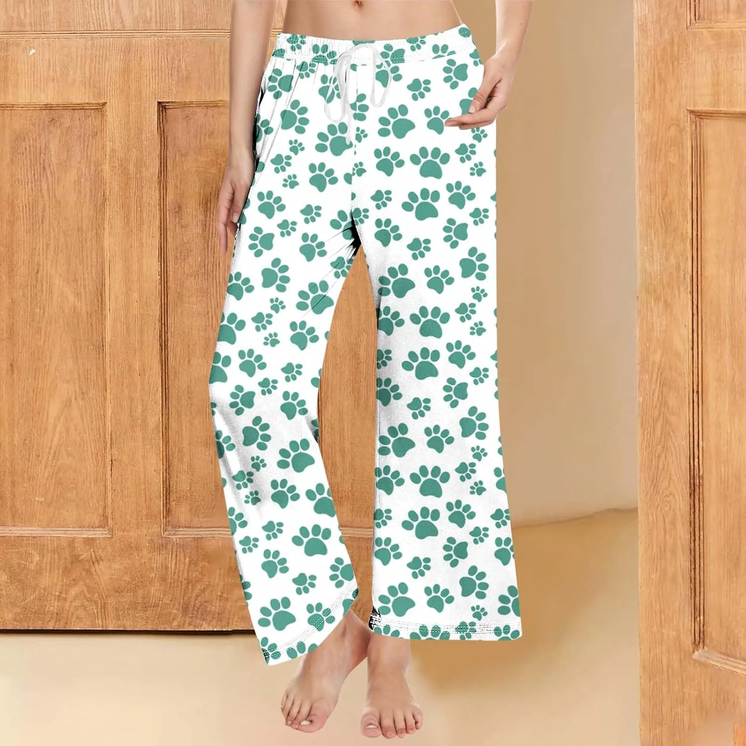 Pajamas Pants for Women's Funny Dog Paw Print High Waist Wide Leg Sweatpant Pj's Trouser with Pockets & Drawstring