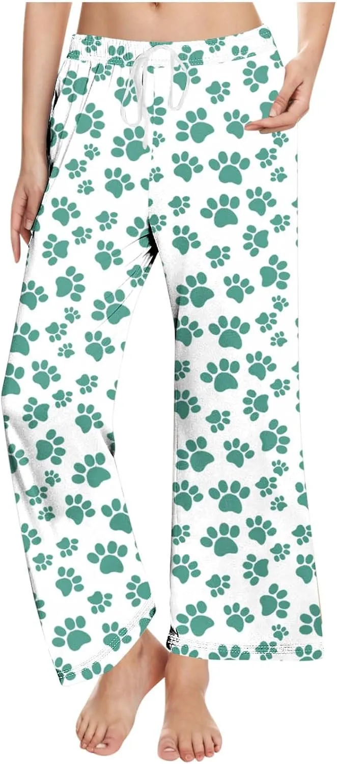 Pajamas Pants for Women's Funny Dog Paw Print High Waist Wide Leg Sweatpant Pj's Trouser with Pockets & Drawstring