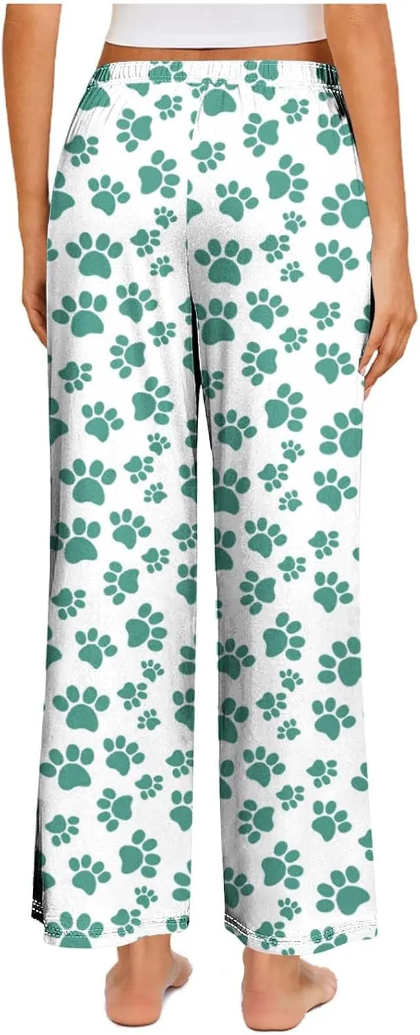 Pajamas Pants for Women's Funny Dog Paw Print High Waist Wide Leg Sweatpant Pj's Trouser with Pockets & Drawstring