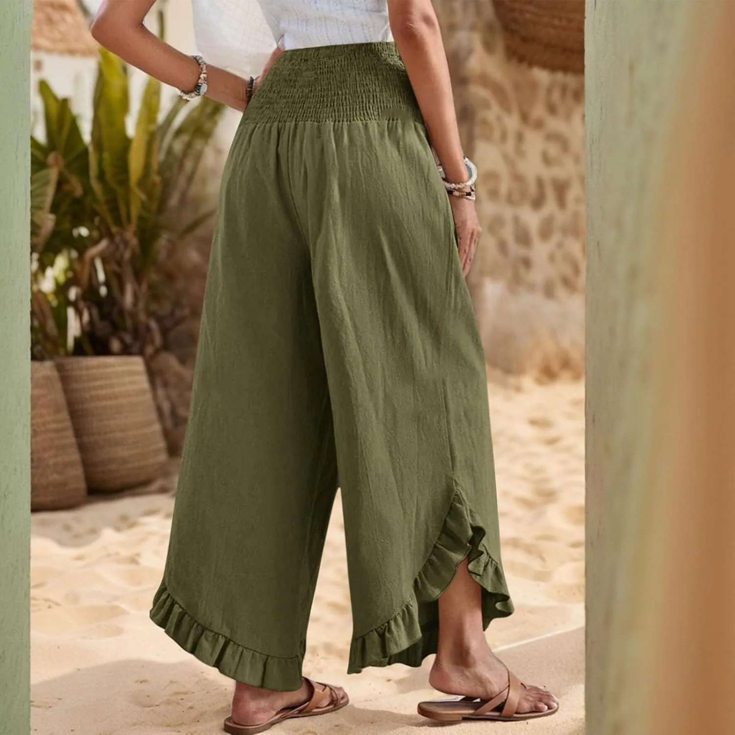 Palazzo Pants Women Casual Summer Smocked Waisted Linen Pants Trendy Ruffle Hem Wide Leg Trousers Loose Fit Beach Pant