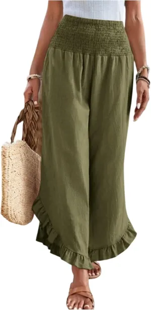 Palazzo Pants Women Casual Summer Smocked Waisted Linen Pants Trendy Ruffle Hem Wide Leg Trousers Loose Fit Beach Pant