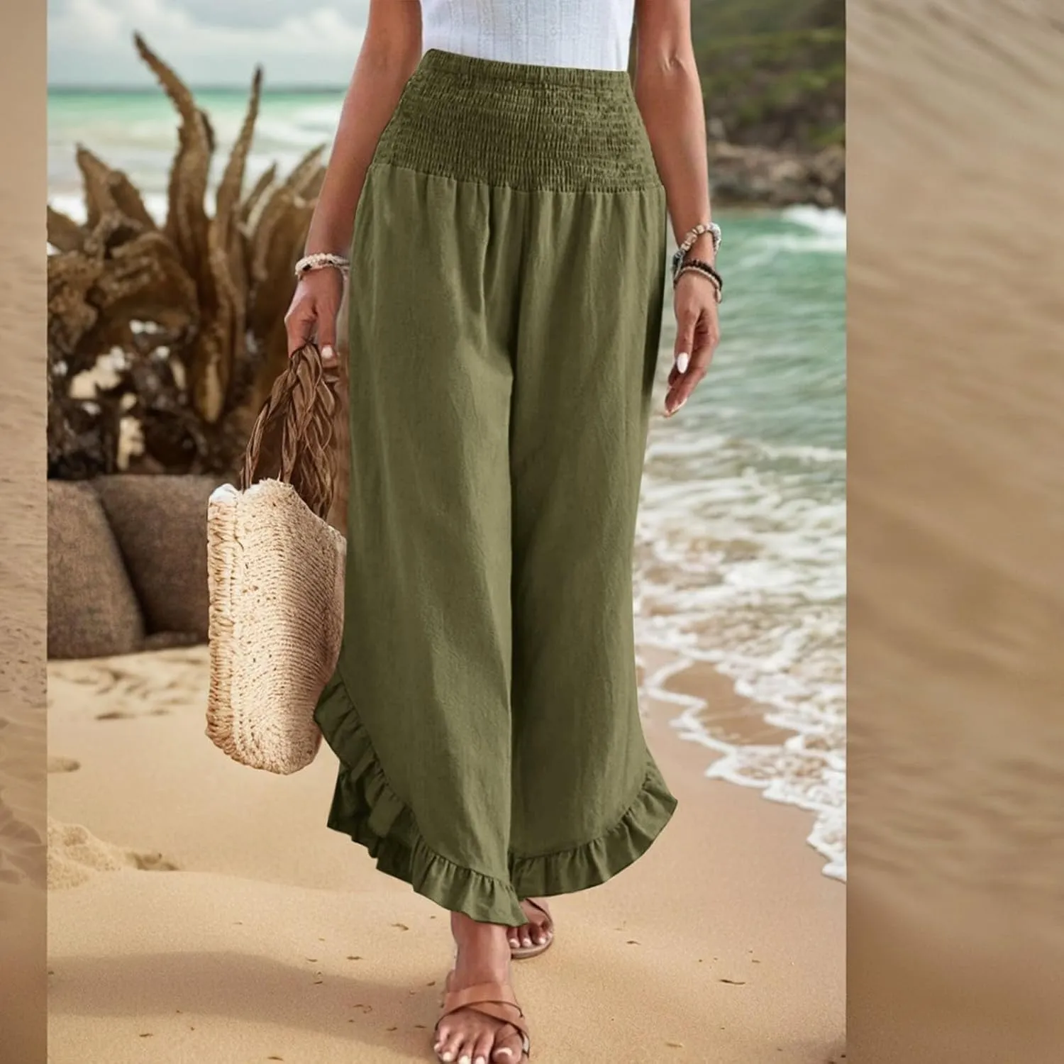 Palazzo Pants Women Casual Summer Smocked Waisted Linen Pants Trendy Ruffle Hem Wide Leg Trousers Loose Fit Beach Pant