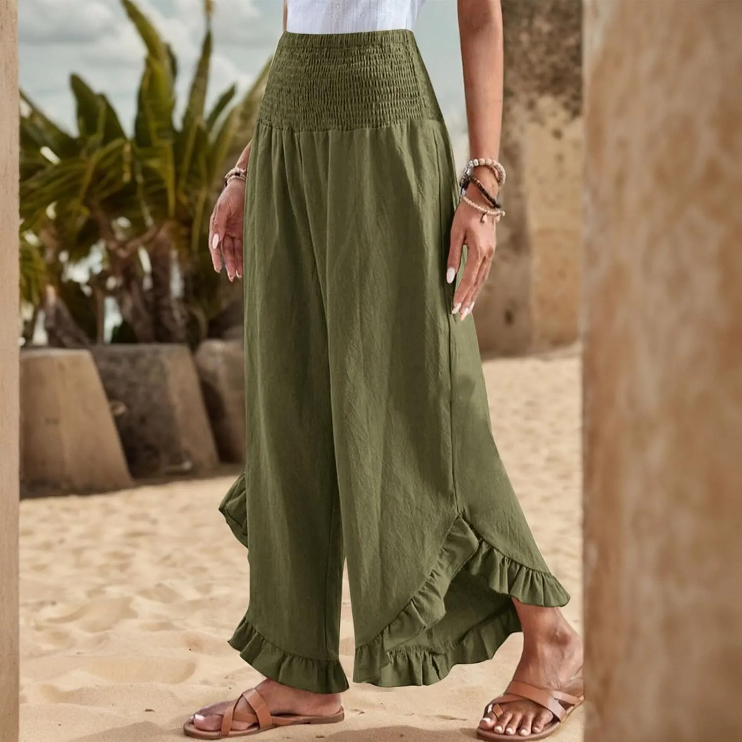 Palazzo Pants Women Casual Summer Smocked Waisted Linen Pants Trendy Ruffle Hem Wide Leg Trousers Loose Fit Beach Pant
