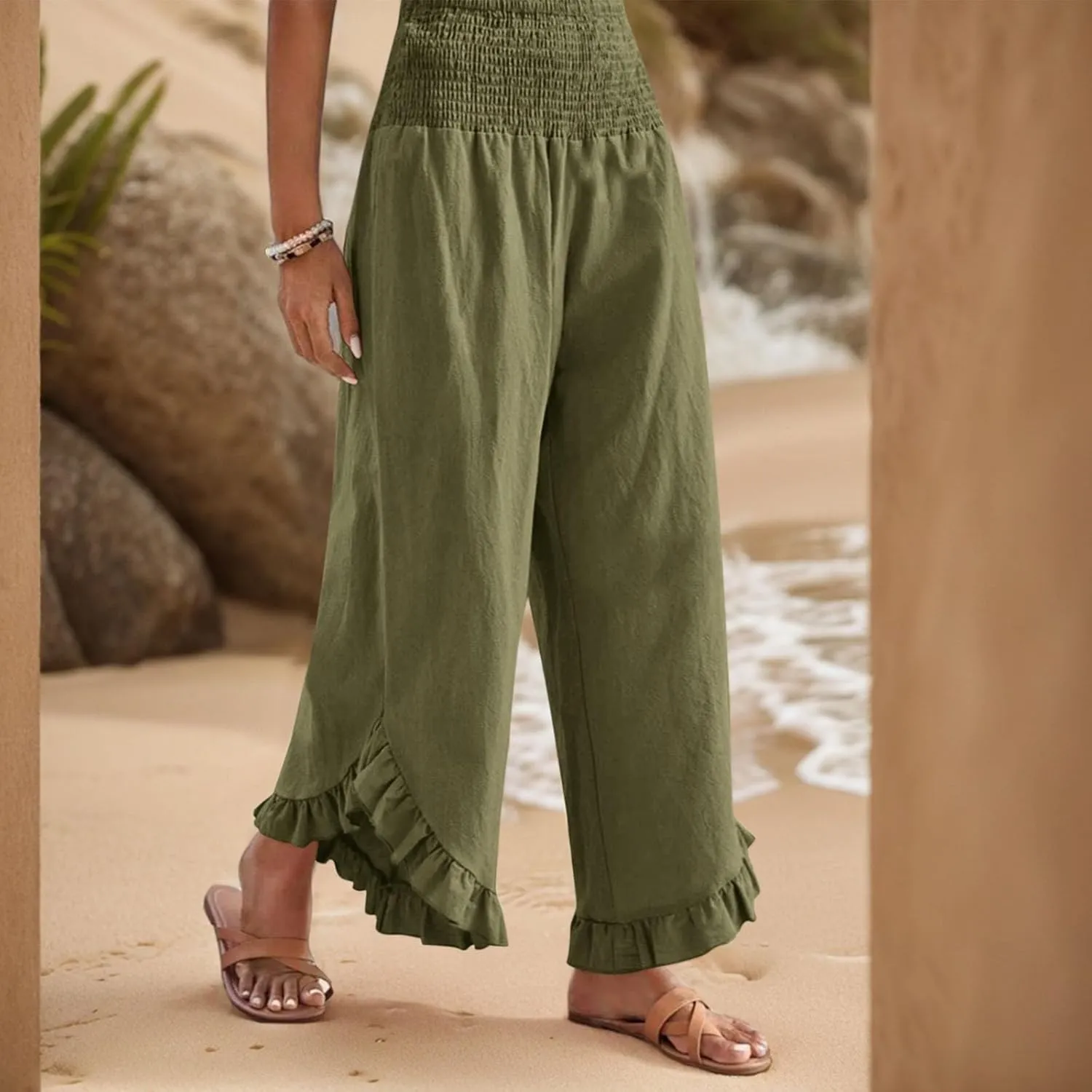 Palazzo Pants Women Casual Summer Smocked Waisted Linen Pants Trendy Ruffle Hem Wide Leg Trousers Loose Fit Beach Pant