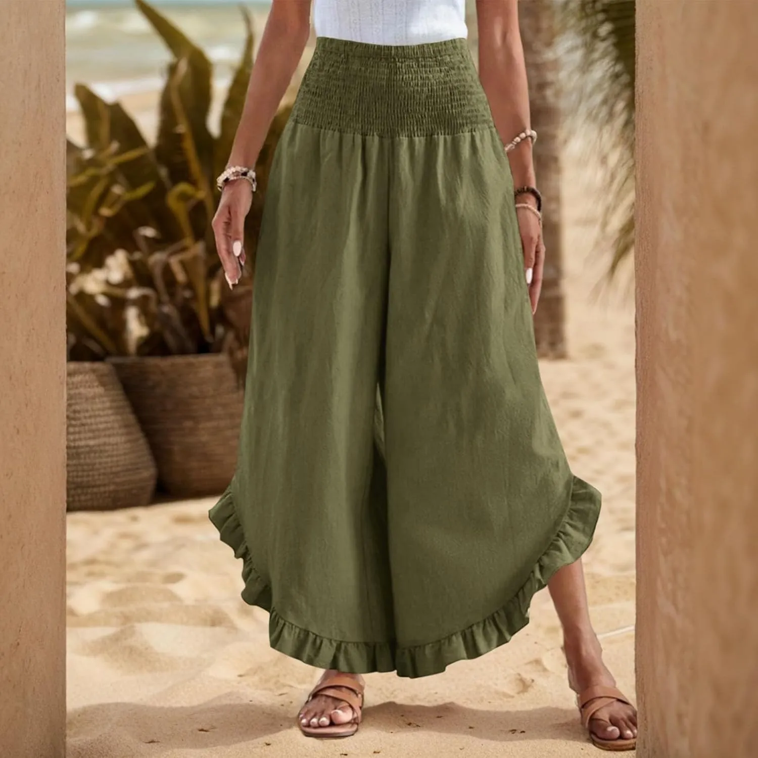 Palazzo Pants Women Casual Summer Smocked Waisted Linen Pants Trendy Ruffle Hem Wide Leg Trousers Loose Fit Beach Pant