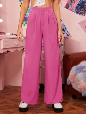 Pants for Women - Zipper Fly Fold Pleated Pants (Color : Hot Pink, Size : Small)