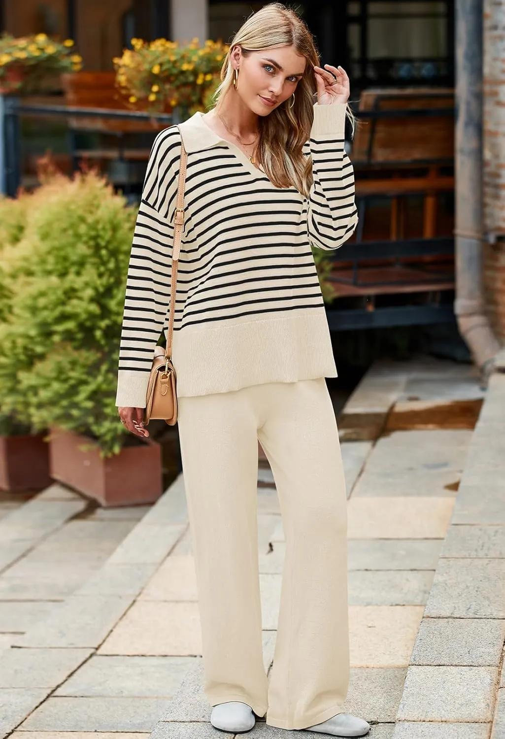 Pink Queen Sweater Sets for Women 2 Piece Long Sleeve Collar V Neck Sweatsuit Knitted Stripe Pajamas