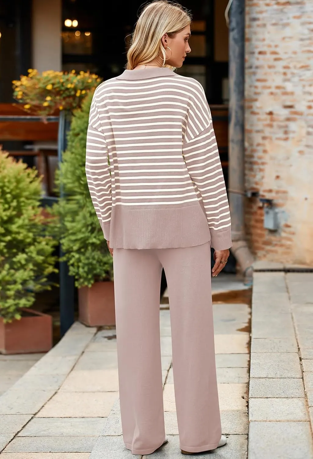 Pink Queen Sweater Sets for Women 2 Piece Long Sleeve Collar V Neck Sweatsuit Knitted Stripe Pajamas