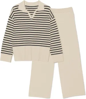 Pink Queen Sweater Sets for Women 2 Piece Long Sleeve Collar V Neck Sweatsuit Knitted Stripe Pajamas