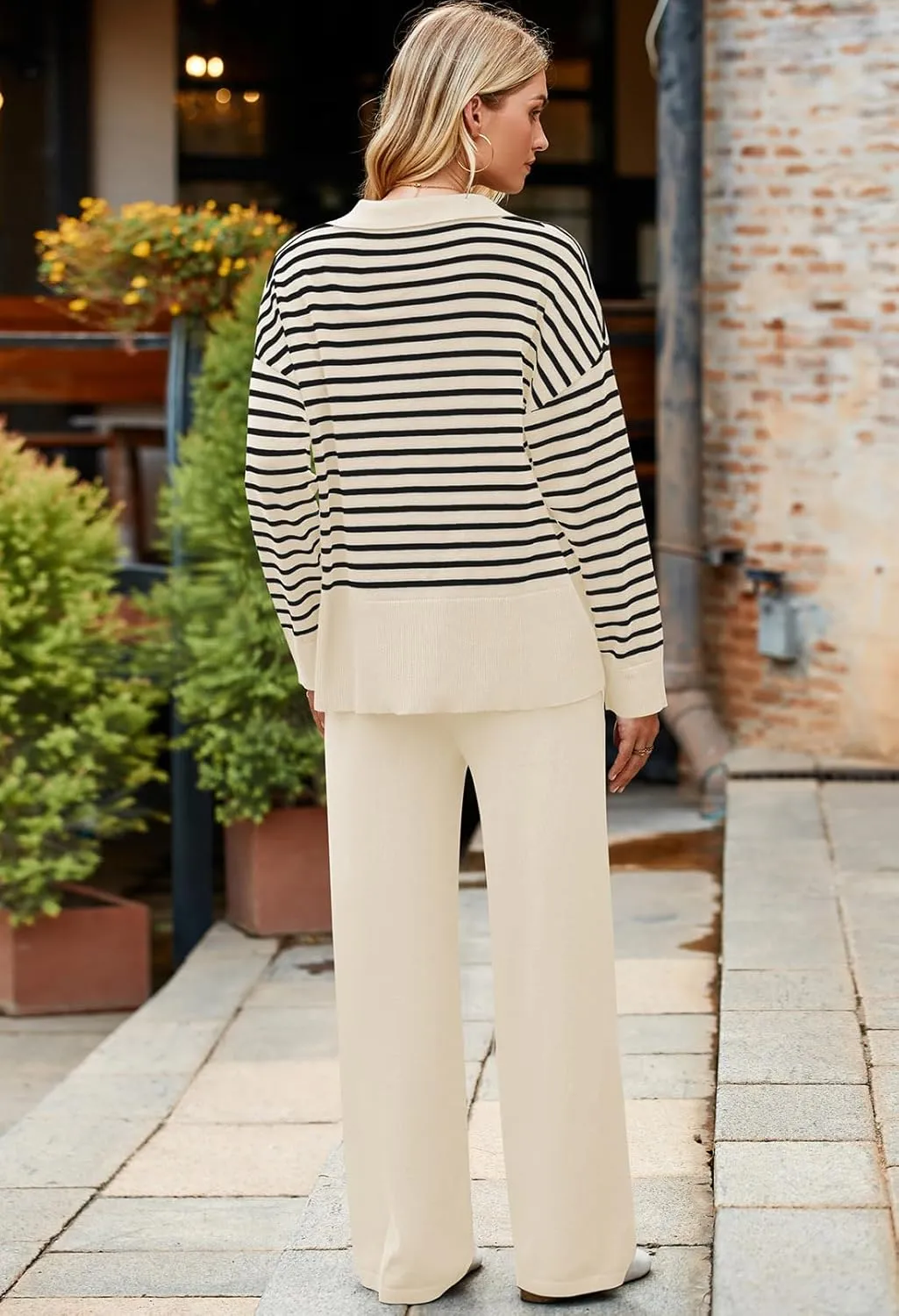 Pink Queen Sweater Sets for Women 2 Piece Long Sleeve Collar V Neck Sweatsuit Knitted Stripe Pajamas