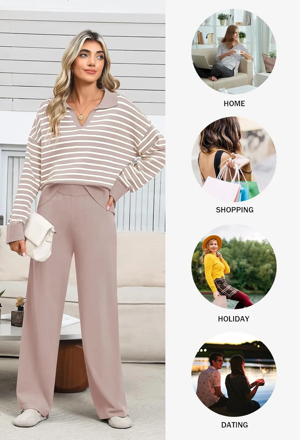 Pink Queen Sweater Sets for Women 2 Piece Long Sleeve Collar V Neck Sweatsuit Knitted Stripe Pajamas