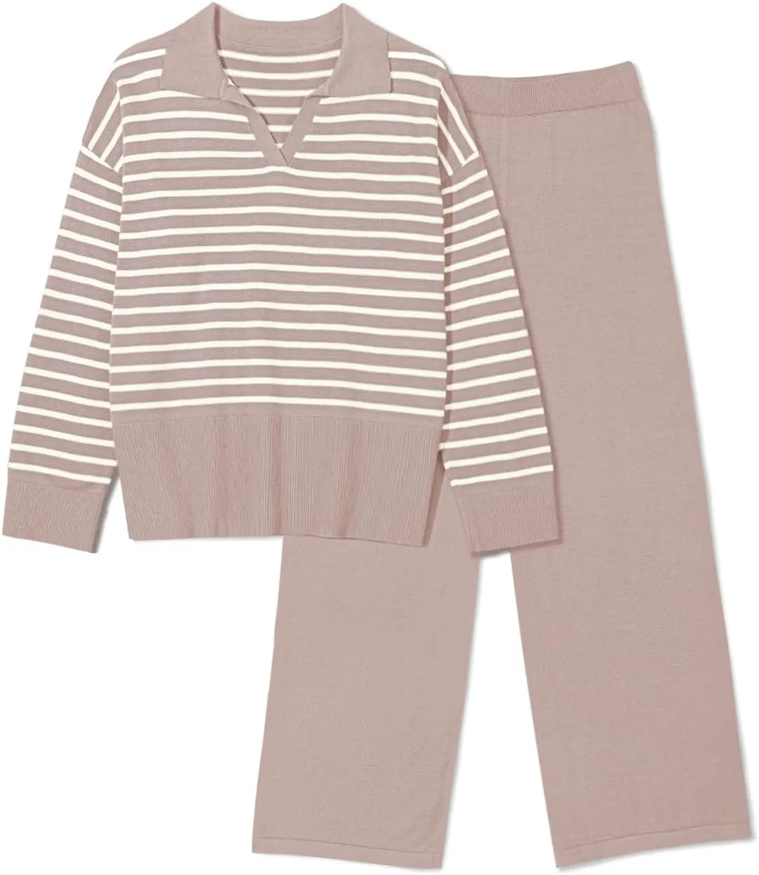 Pink Queen Sweater Sets for Women 2 Piece Long Sleeve Collar V Neck Sweatsuit Knitted Stripe Pajamas