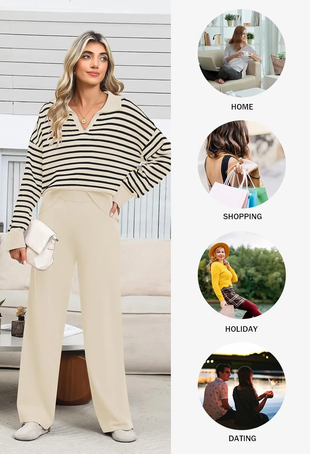 Pink Queen Sweater Sets for Women 2 Piece Long Sleeve Collar V Neck Sweatsuit Knitted Stripe Pajamas