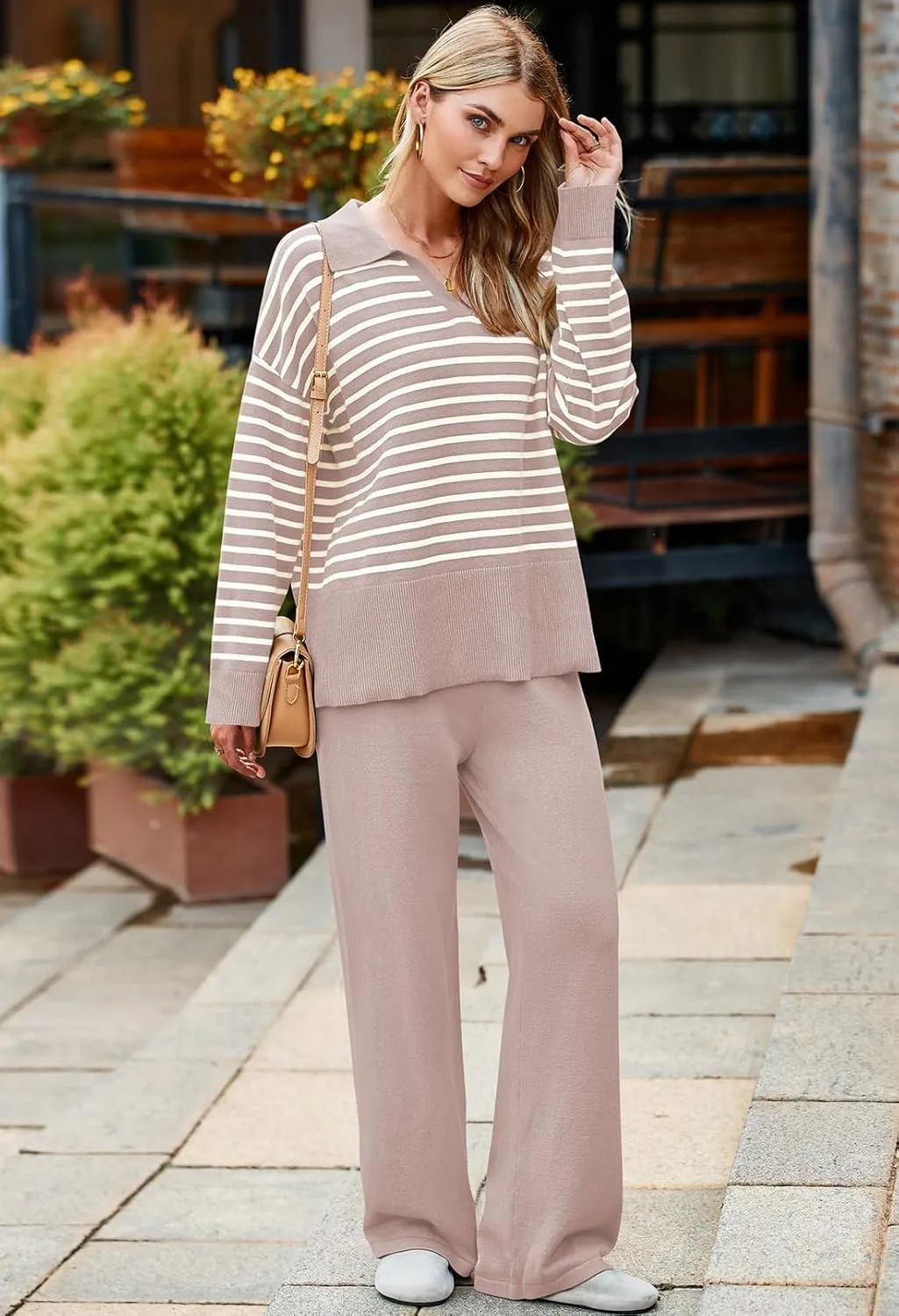 Pink Queen Sweater Sets for Women 2 Piece Long Sleeve Collar V Neck Sweatsuit Knitted Stripe Pajamas
