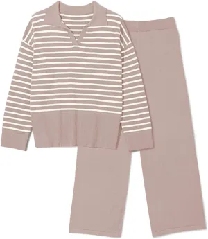Pink Queen Sweater Sets for Women 2 Piece Long Sleeve Collar V Neck Sweatsuit Knitted Stripe Pajamas