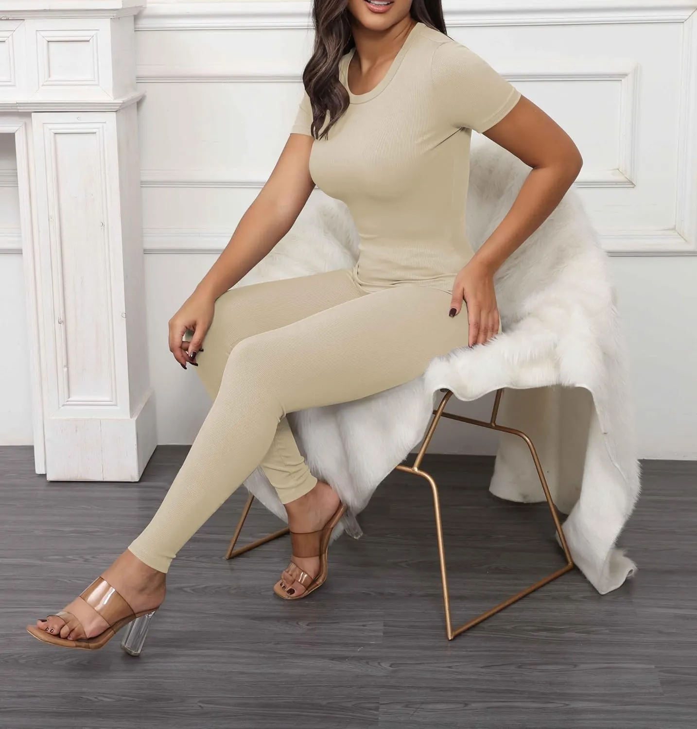 PINSV Women 2 Piece Outfits Legging Sets Fitted Crew Neck T-shirt High Waist Legging Pants Matching Sets Workout Streetwear
