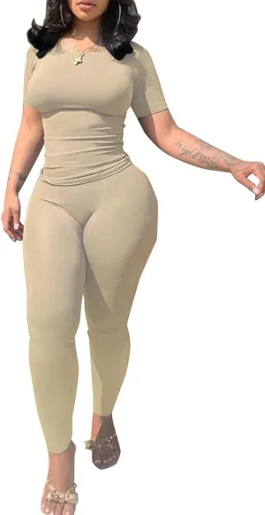PINSV Women 2 Piece Outfits Legging Sets Fitted Crew Neck T-shirt High Waist Legging Pants Matching Sets Workout Streetwear