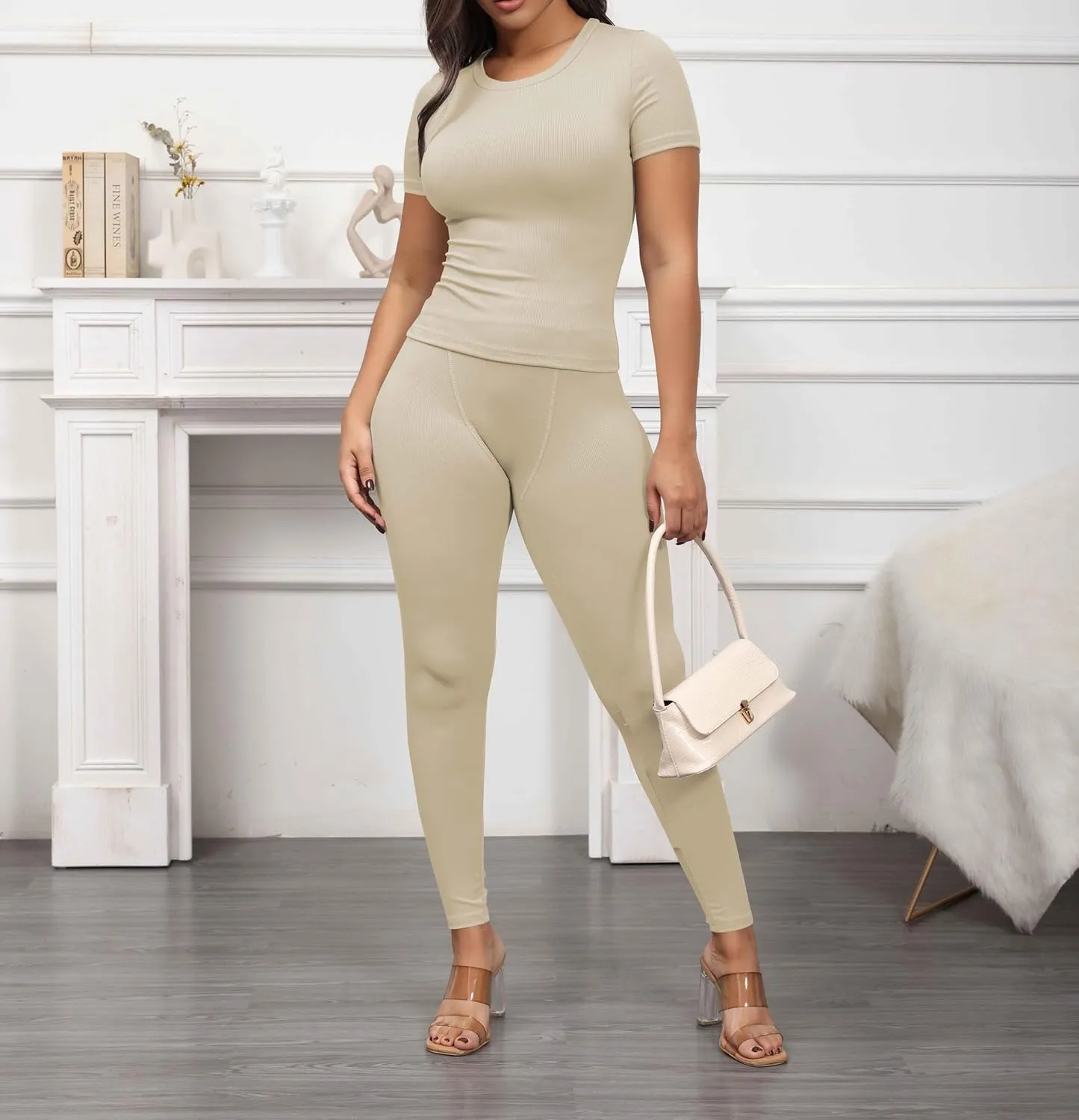 PINSV Women 2 Piece Outfits Legging Sets Fitted Crew Neck T-shirt High Waist Legging Pants Matching Sets Workout Streetwear