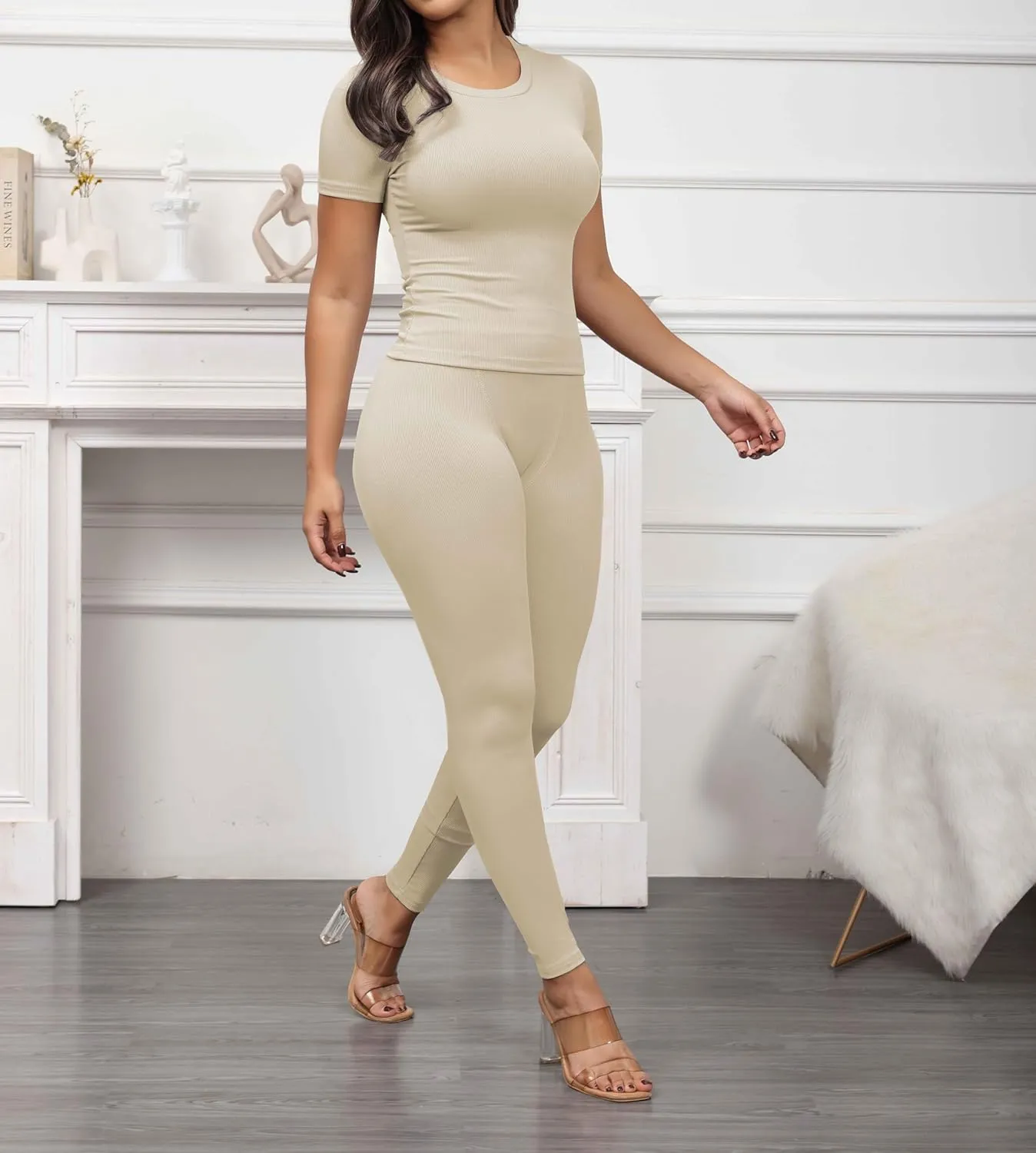 PINSV Women 2 Piece Outfits Legging Sets Fitted Crew Neck T-shirt High Waist Legging Pants Matching Sets Workout Streetwear