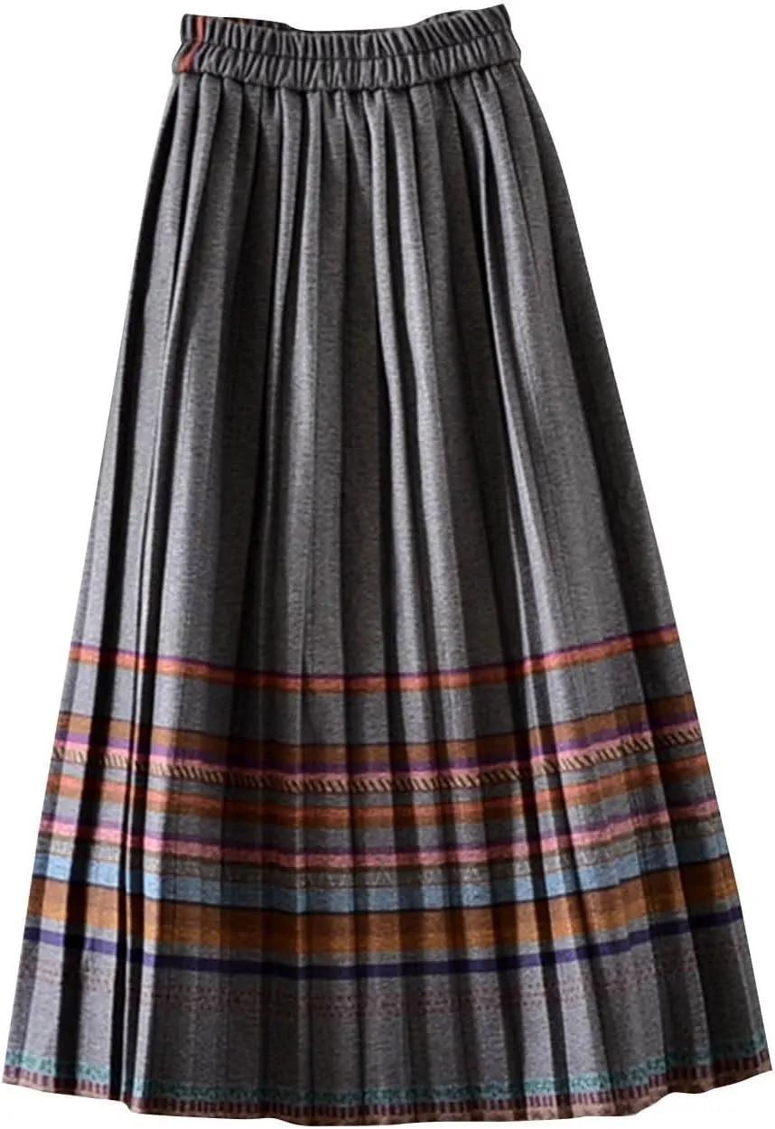 Plaid Skirt for Womens 2025 Fashion Vintage High Waist Pleated Midi Skirts Casual Comfy Soft Knee Length Swing Skirt