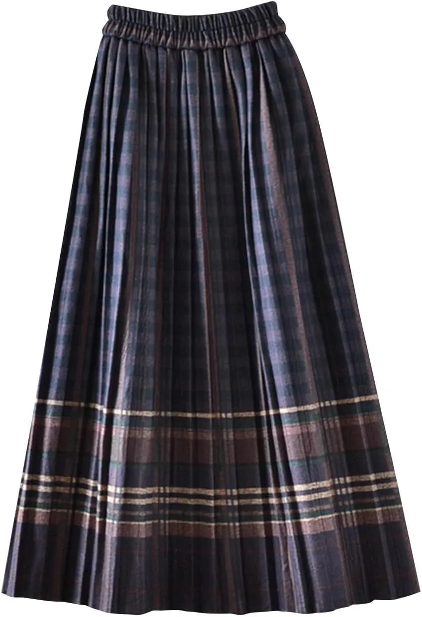 Plaid Skirt for Womens 2025 Fashion Vintage High Waist Pleated Midi Skirts Casual Comfy Soft Knee Length Swing Skirt
