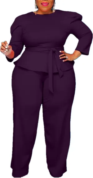 Plus Size 2 Piece Wide Leg Pants Set for Women Casual Long Sleeve Shirt Long Pant Sets Sexy With Belt