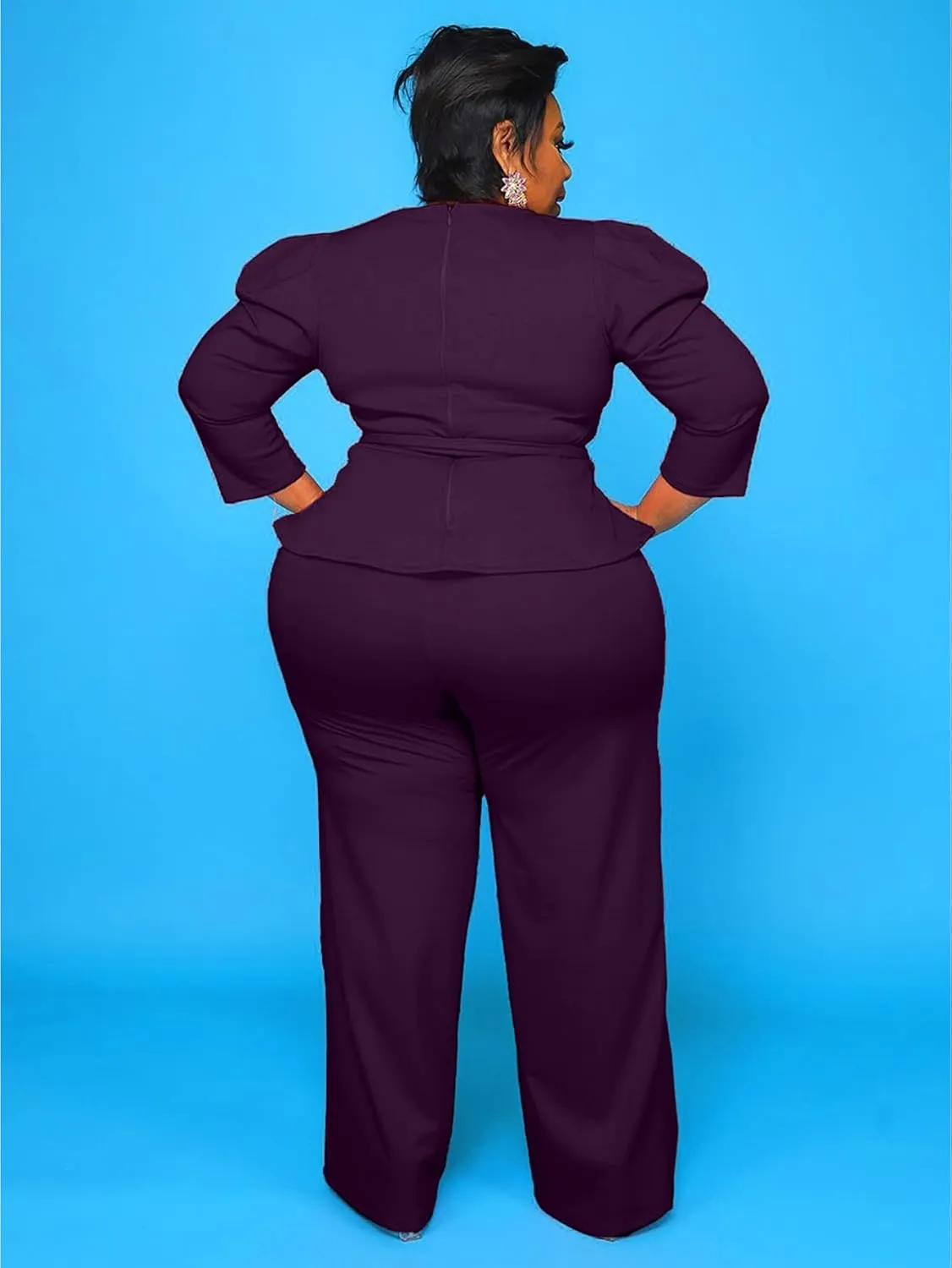 Plus Size 2 Piece Wide Leg Pants Set for Women Casual Long Sleeve Shirt Long Pant Sets Sexy With Belt