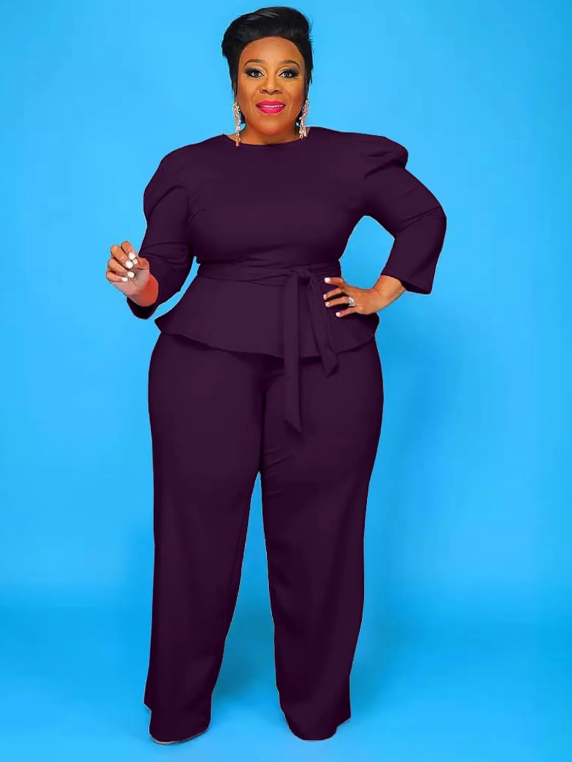 Plus Size 2 Piece Wide Leg Pants Set for Women Casual Long Sleeve Shirt Long Pant Sets Sexy With Belt