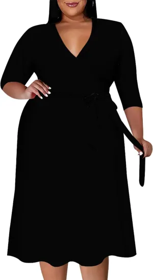 Plus Size Dress for Women Flowy 3/4 Sleeve Wrap Solid Color Gradient Midi Dress V Neck Casual Belted Dresses Trendy Sundress
