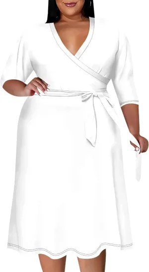 Plus Size Dress for Women Flowy 3/4 Sleeve Wrap Solid Color Gradient Midi Dress V Neck Casual Belted Dresses Trendy Sundress