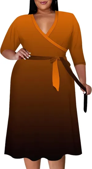 Plus Size Dress for Women Flowy 3/4 Sleeve Wrap Solid Color Gradient Midi Dress V Neck Casual Belted Dresses Trendy Sundress