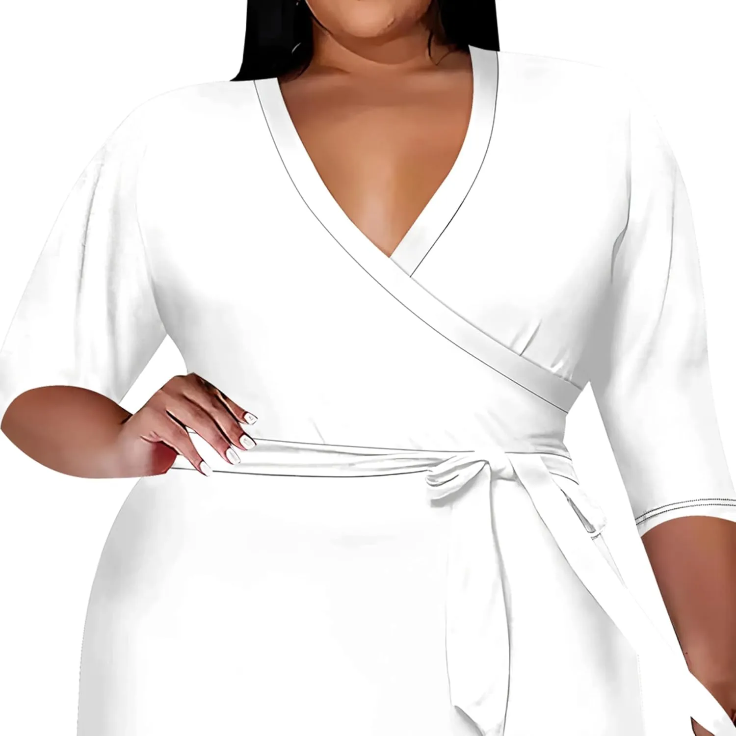 Plus Size Dress for Women Flowy 3/4 Sleeve Wrap Solid Color Gradient Midi Dress V Neck Casual Belted Dresses Trendy Sundress