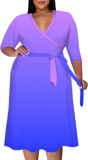 Plus Size Dress for Women Flowy 3/4 Sleeve Wrap Solid Color Gradient Midi Dress V Neck Casual Belted Dresses Trendy Sundress