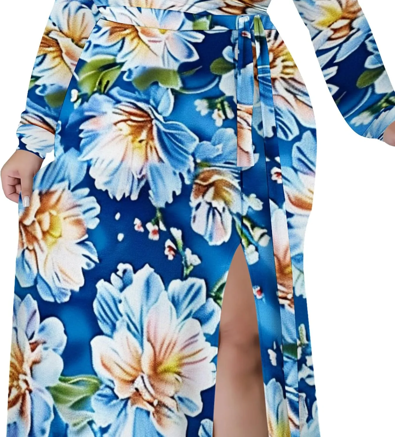 Plus Size Formal Maxi Dress for Women Sexy Long Sleeve Deep V Neck Side Split Cocktail Party Casual Dress with Belt