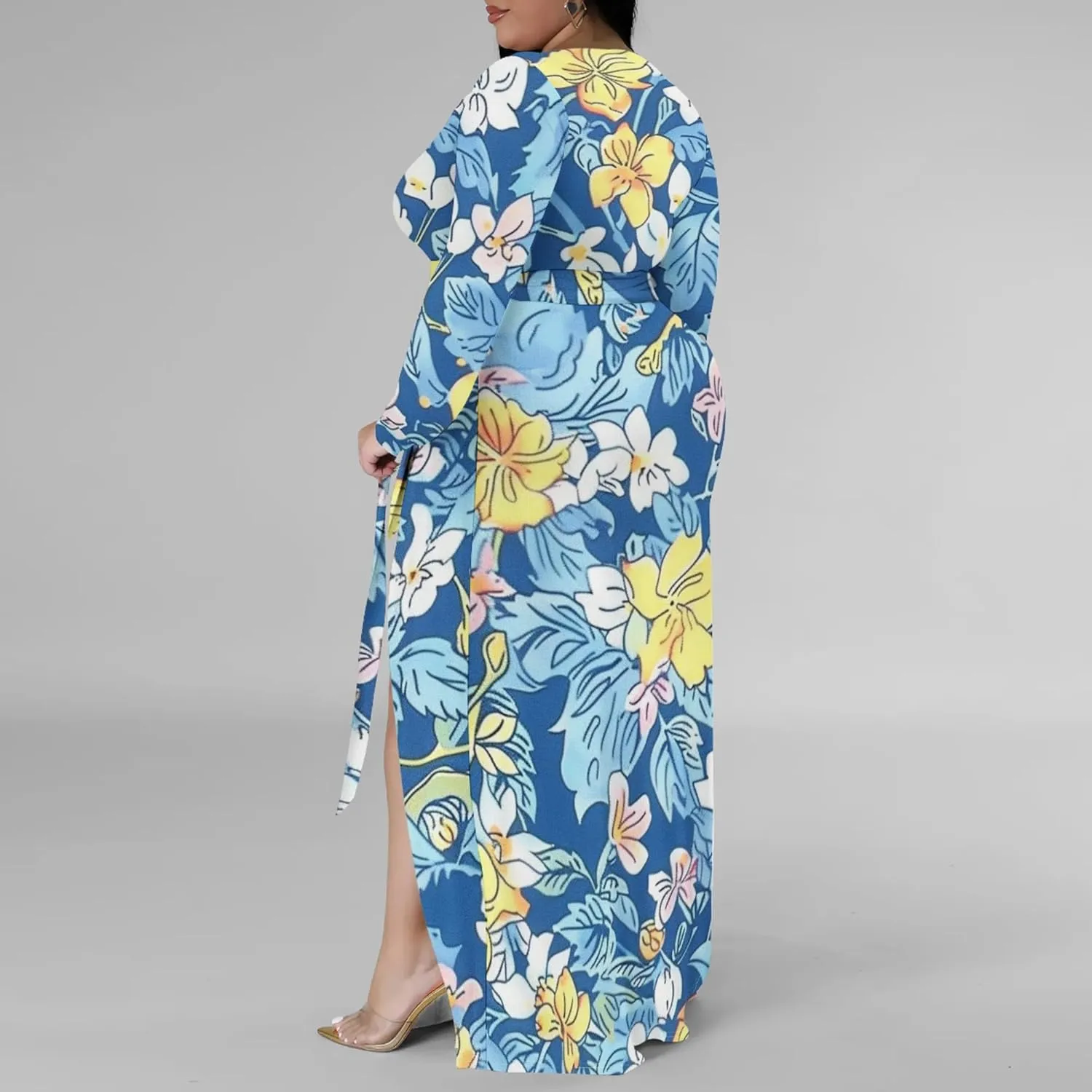 Plus Size Formal Maxi Dress for Women Sexy Long Sleeve Deep V Neck Side Split Cocktail Party Casual Dress with Belt