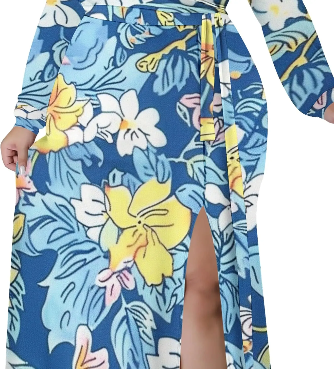 Plus Size Formal Maxi Dress for Women Sexy Long Sleeve Deep V Neck Side Split Cocktail Party Casual Dress with Belt