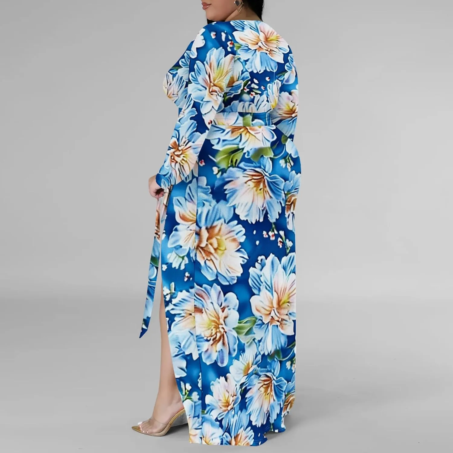 Plus Size Formal Maxi Dress for Women Sexy Long Sleeve Deep V Neck Side Split Cocktail Party Casual Dress with Belt