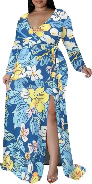 Plus Size Formal Maxi Dress for Women Sexy Long Sleeve Deep V Neck Side Split Cocktail Party Casual Dress with Belt