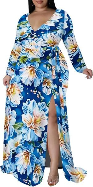 Plus Size Formal Maxi Dress for Women Sexy Long Sleeve Deep V Neck Side Split Cocktail Party Casual Dress with Belt
