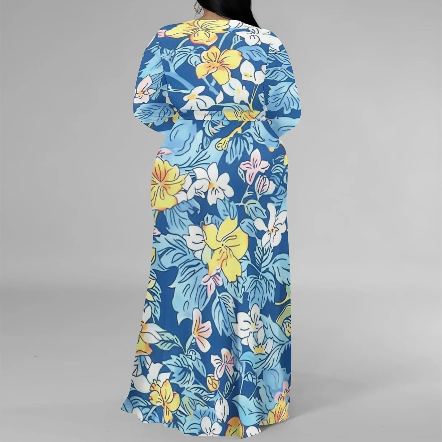 Plus Size Formal Maxi Dress for Women Sexy Long Sleeve Deep V Neck Side Split Cocktail Party Casual Dress with Belt