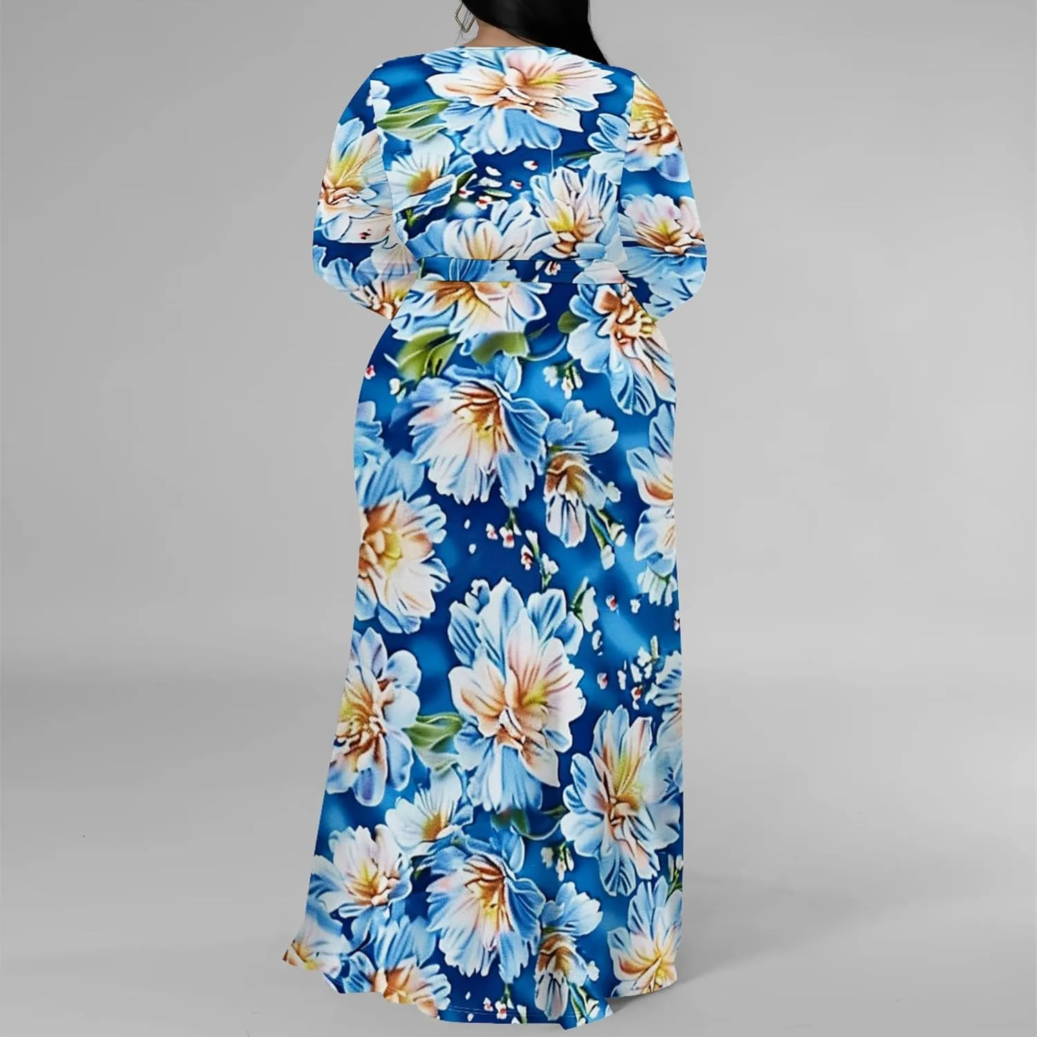 Plus Size Formal Maxi Dress for Women Sexy Long Sleeve Deep V Neck Side Split Cocktail Party Casual Dress with Belt