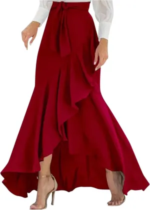 Plus Size Skirts for Women Ruffle Mermaid Skirt Flowy Long Plaid Skirts High Waisted Maxi Skirt Lace Up A Line Skirts