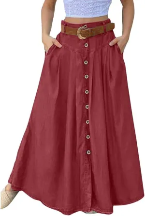 Plus Size Skirts for Women Solid Button A-Line Maxi Skirts with Pockets,S-5XL