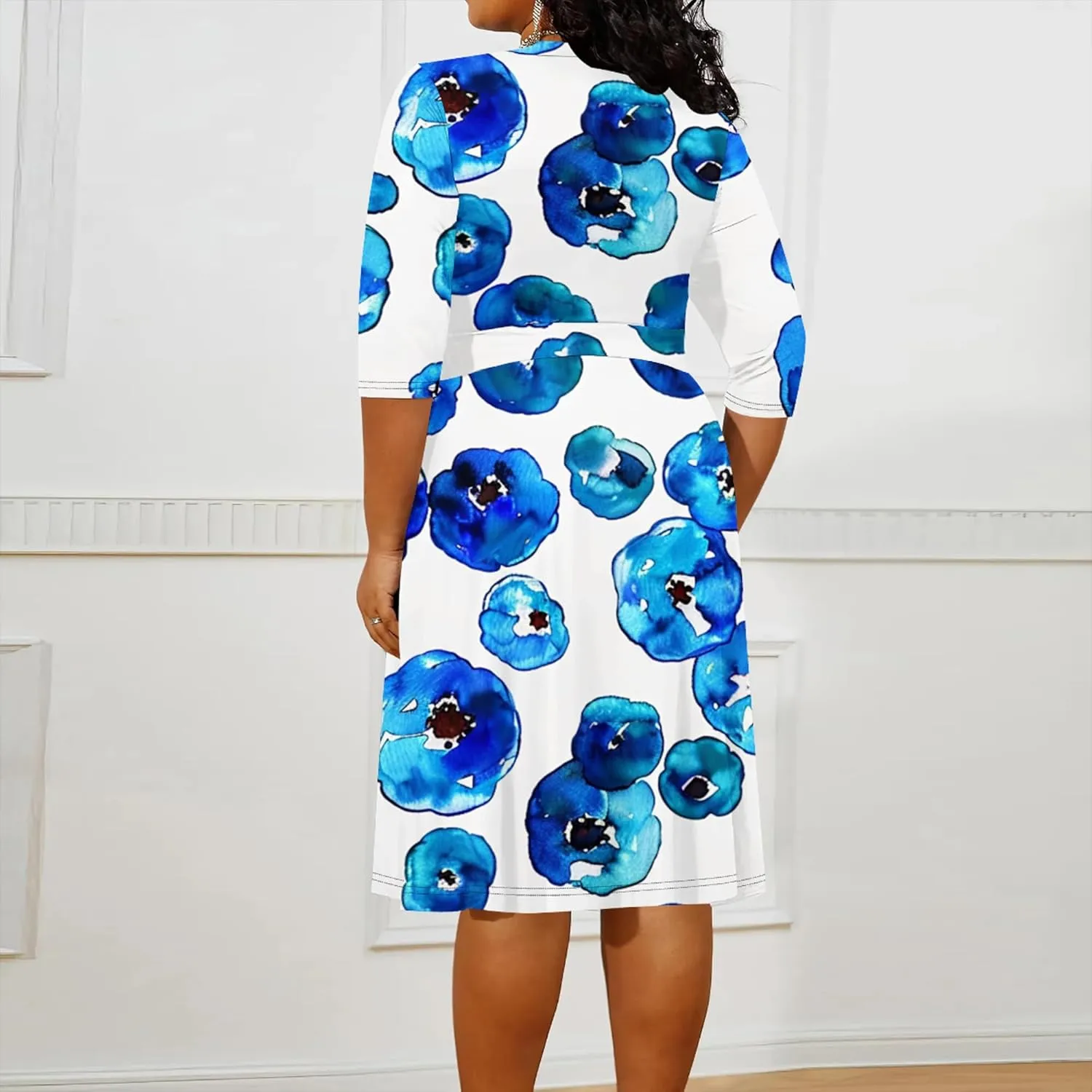 Plus Size Women Casual Loose Bohemian Floral Midi Dress with Belt 3/4 Sleeve V Neck Swing Sundress Travel Vacation Outfit