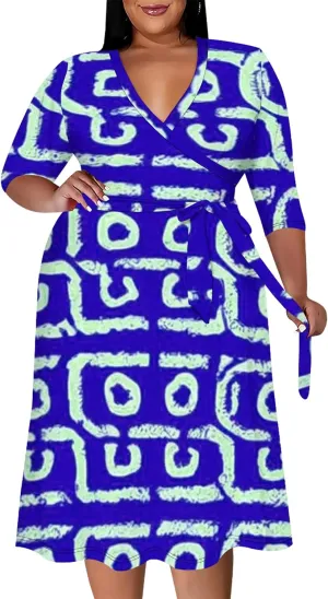 Plus Size Women Casual Loose Bohemian Floral Midi Dress with Belt 3/4 Sleeve V Neck Swing Sundress Travel Vacation Outfit